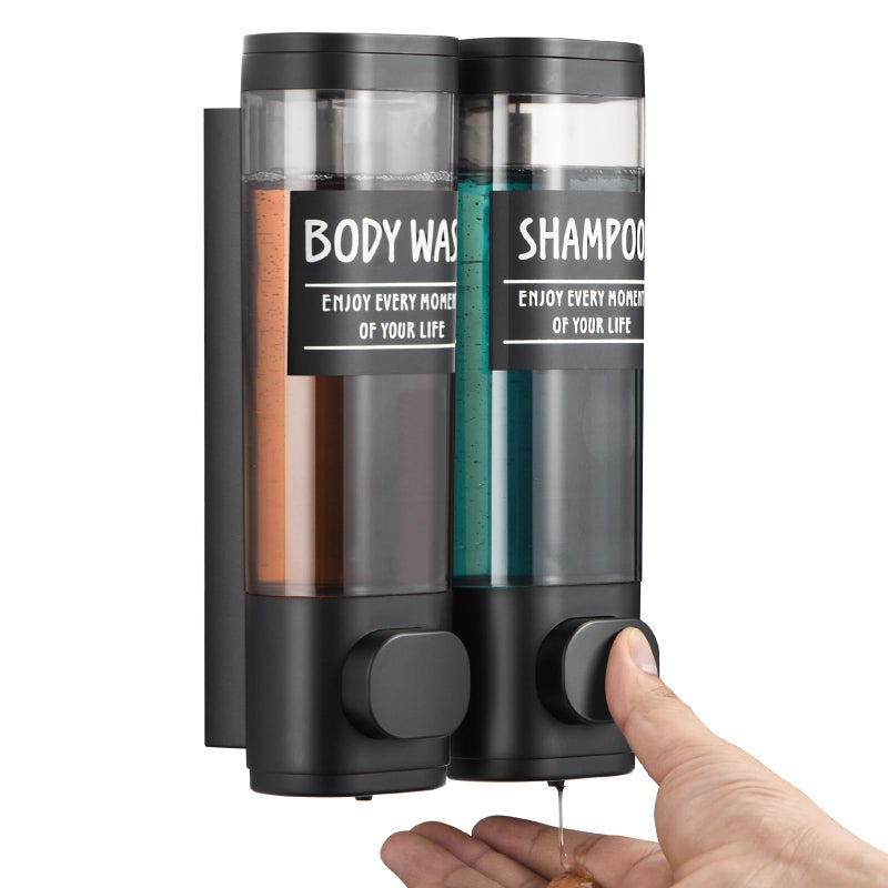 GlintGath Shampoo and Conditioner Dispenser GlintGath Shower Dispenser 2 Chamber No Drill Shampoo Dispenser for Shower Wall Mounted Shower Soap Dispenser for Bathroom Hotel 2 * 300ML Matte Black - Image 1